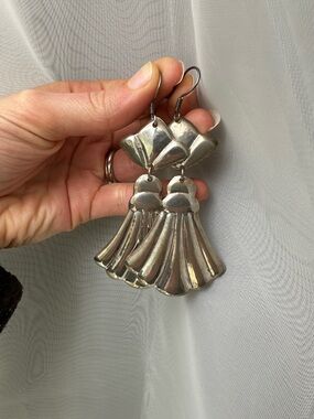 Sterling Silver Statement Drop Scalloped Fan Earrings - made in Mexico